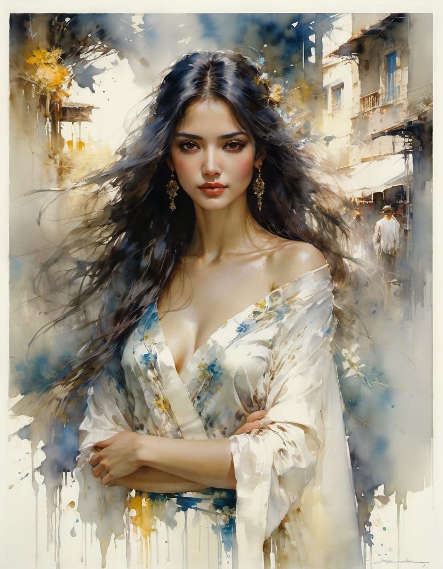 Watercolor Portrait of a Latina Woman in Silk Robe