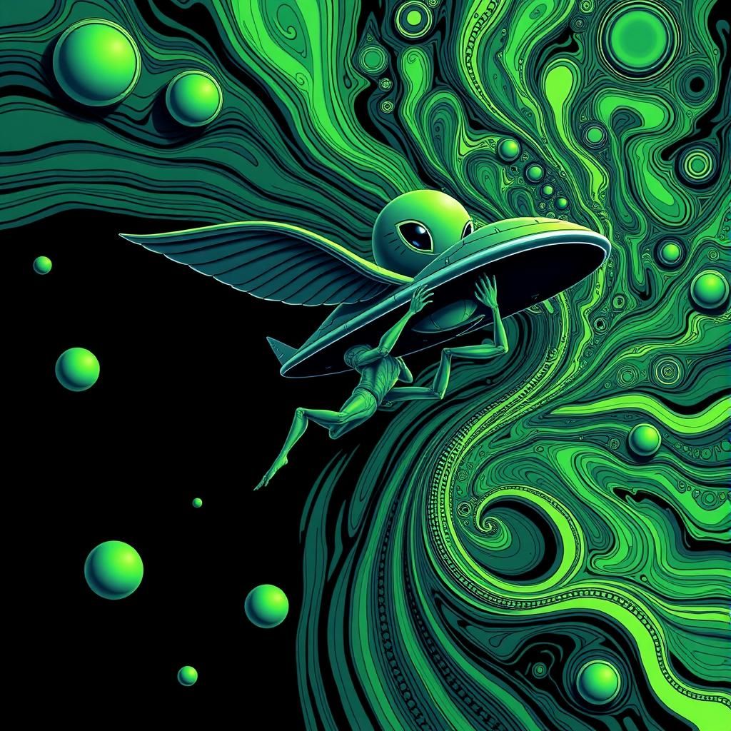 Flying Saucer and Green Aliens in Abstract Style
