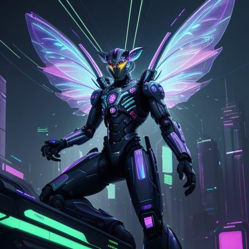 Futuristic Fairy Wings in Cyberpunk Cityscape