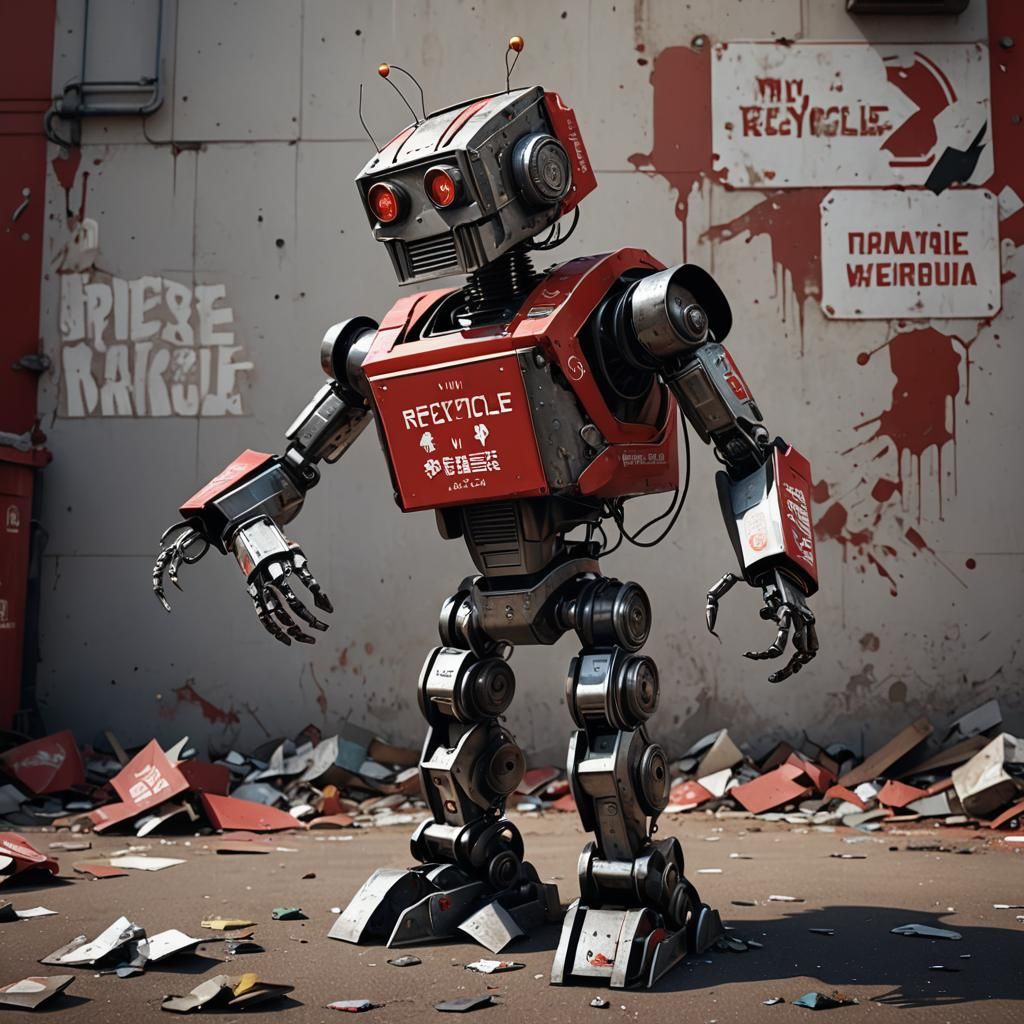 Trash Can Robot with Recycle Sign, Fantasy Art
