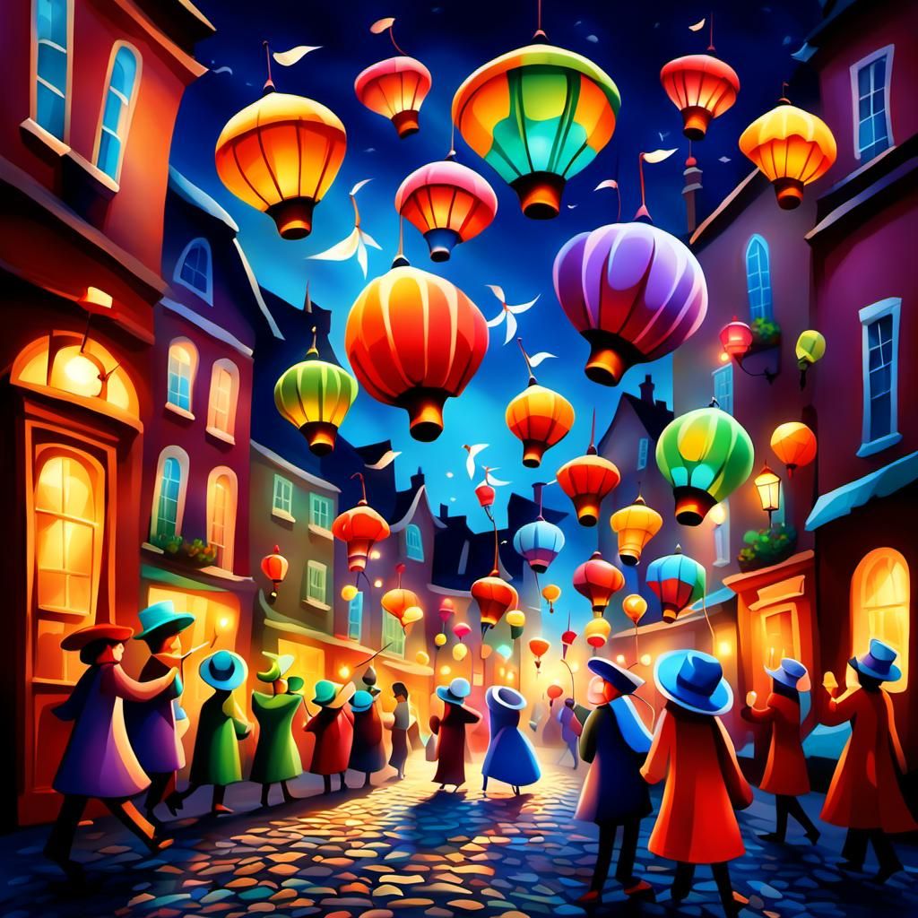 Floating Hats Parade in Dreamlike Oil Painting