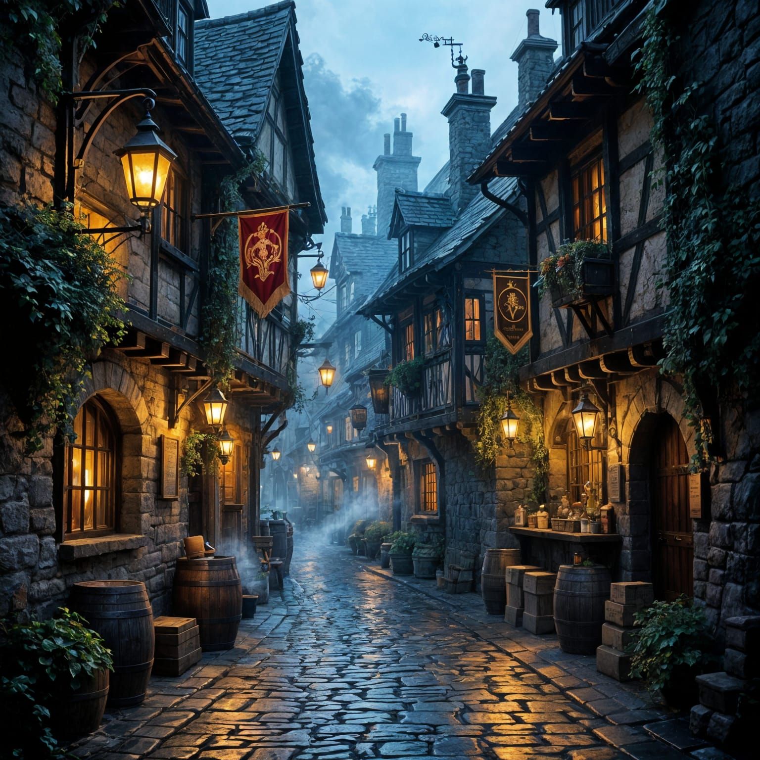 Winding Medieval Alleyway with Tavern, Fantasy Illustration