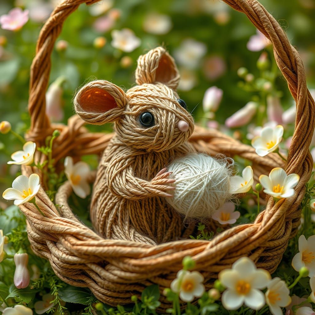 Twine Mouse Sculpture in Fairy Basket
