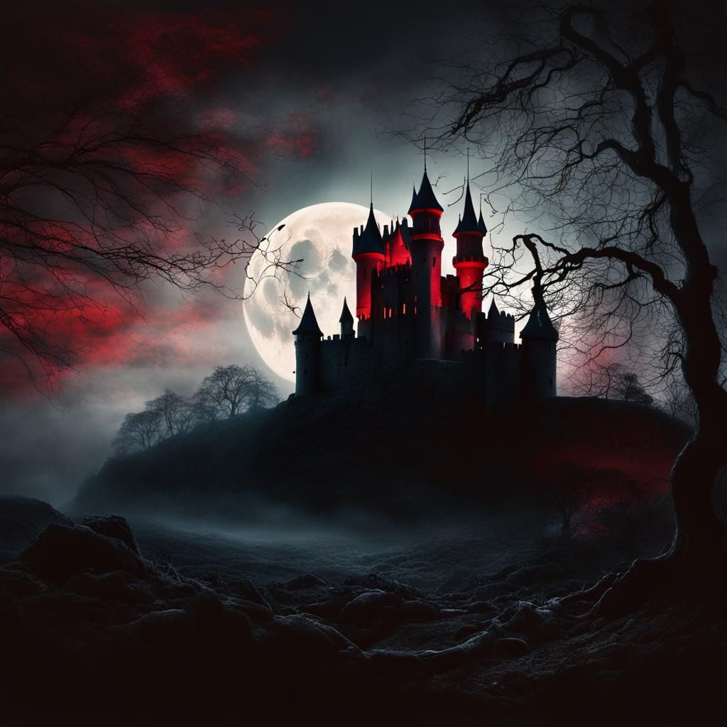 Eerie Blood Moonlit Castle in Dark Fantasy Landscape