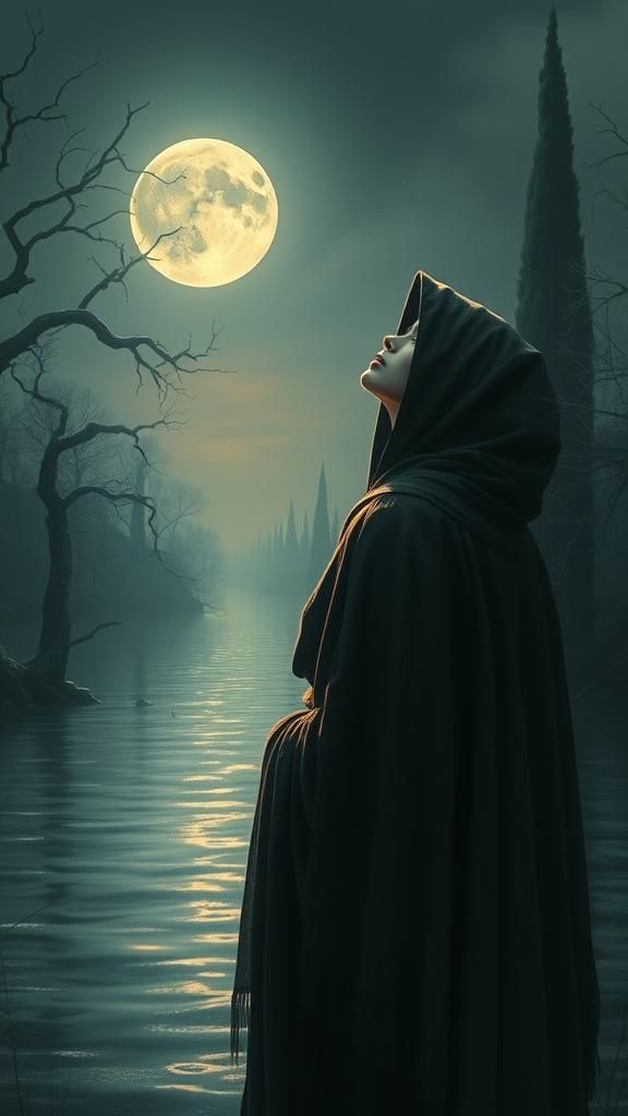 Mystical Woman at Moonlit River's Edge