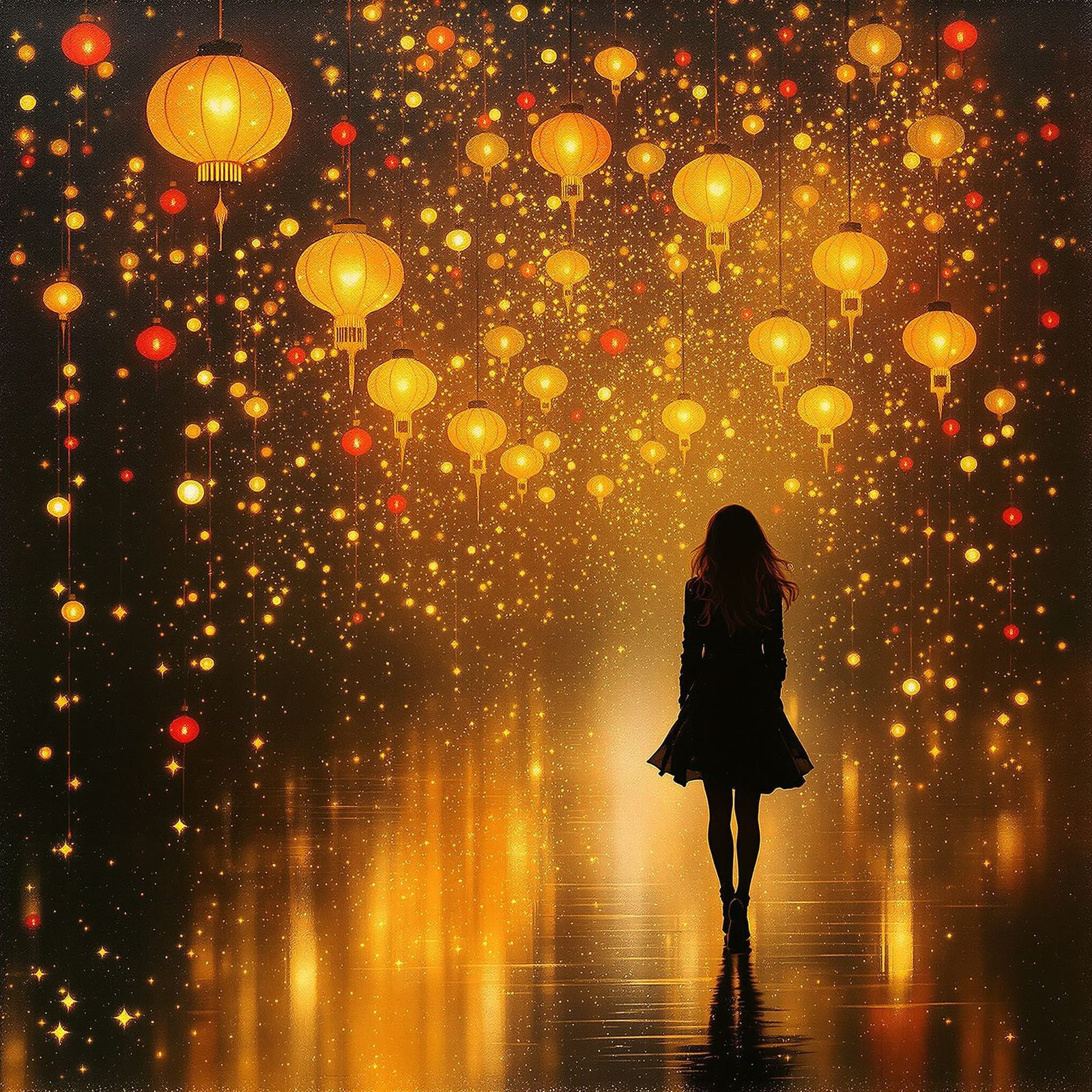 Dreamy Painting of Woman Under Festive Lights