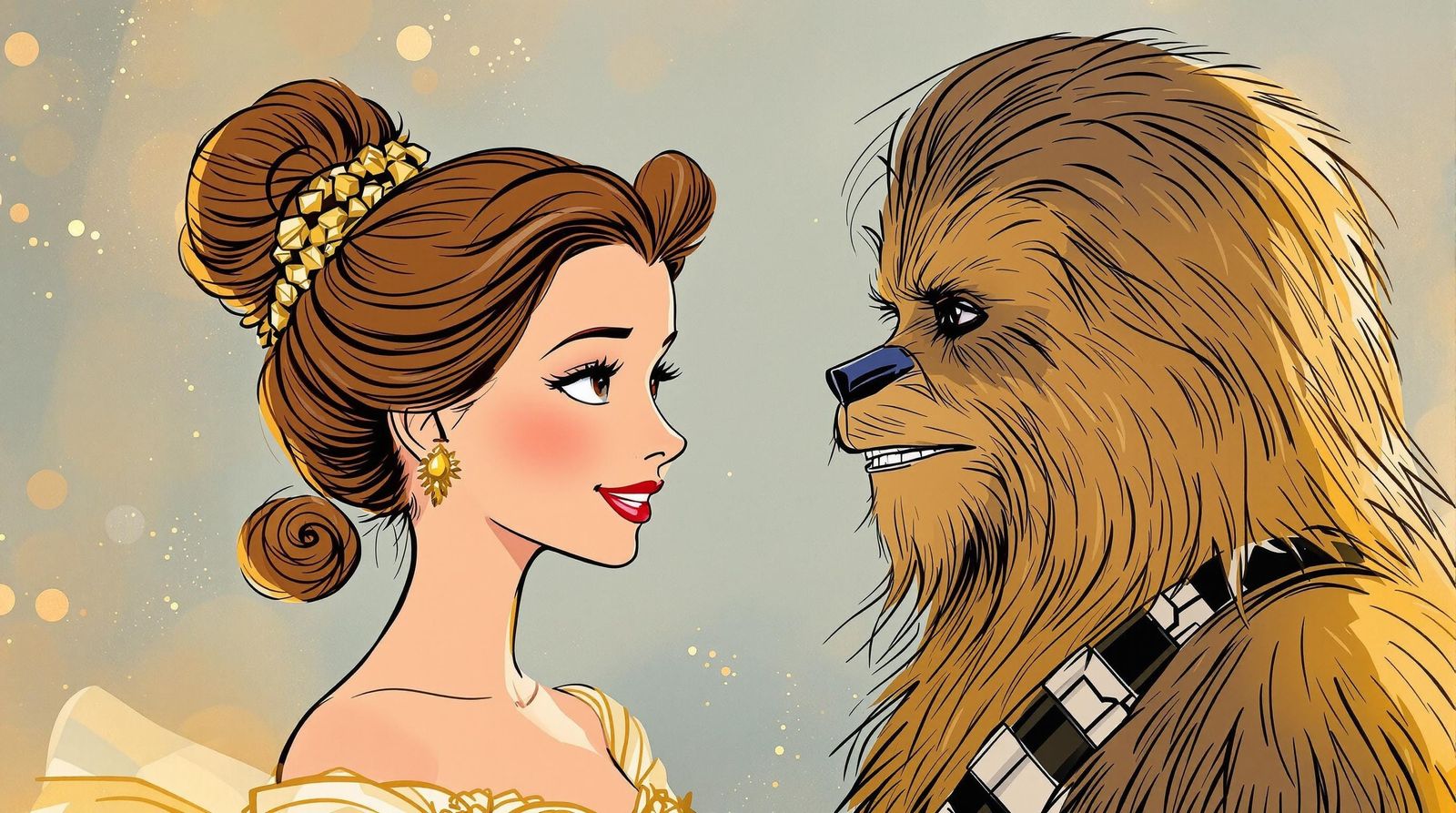 Princess Belle Meets Wookiee in Whimsical Cartoon Style