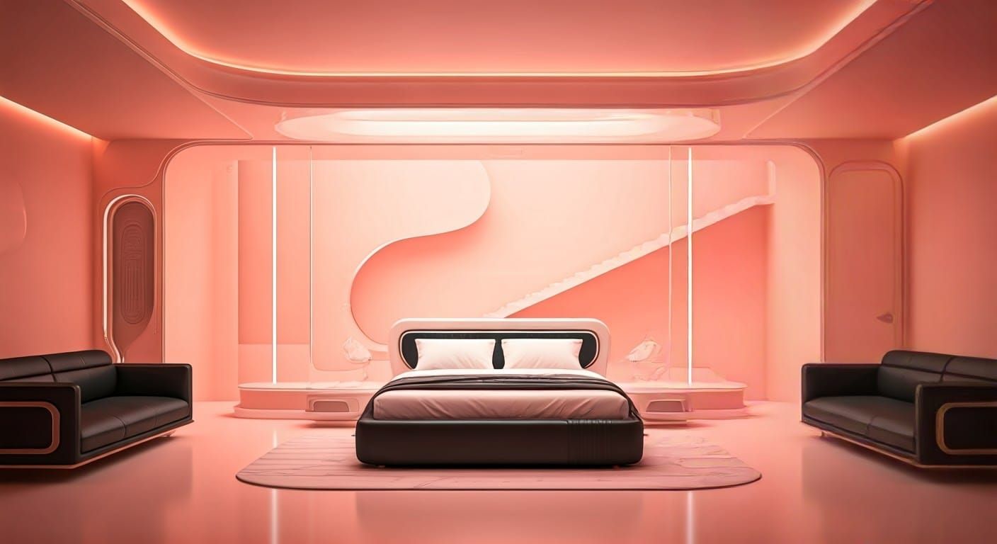Futuristic Peach and Pink Bedroom with Floating Stairway