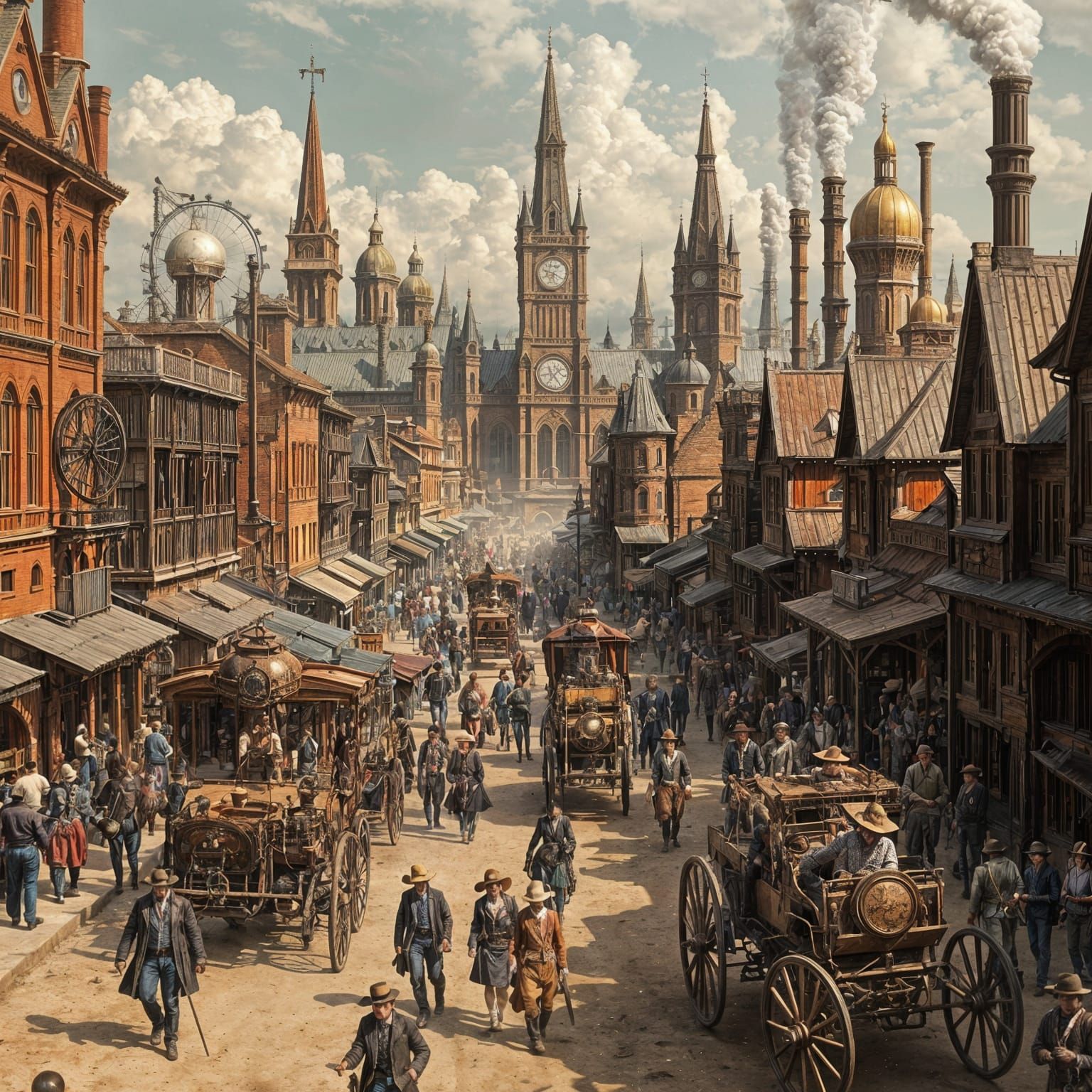 A bustling steampunk cowboy town...