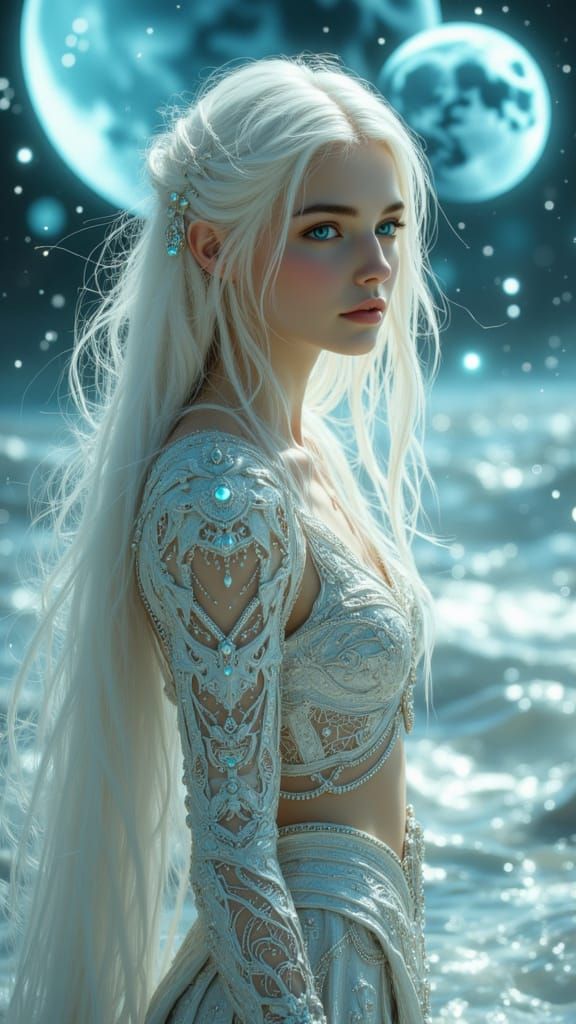 Ethereal Woman on Alien Planet with Two Moons