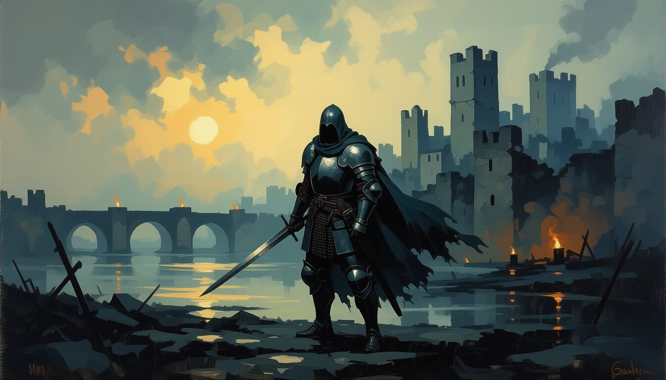 Armored Warrior on Battlefield in Goya Style