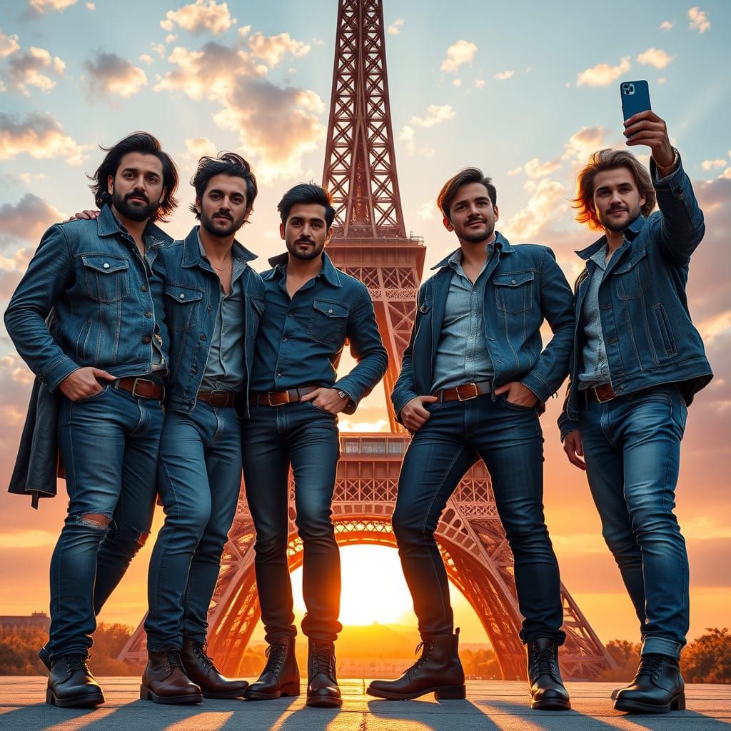 French Musketeers Pose in Denim for Sunset Selfie in Front o...