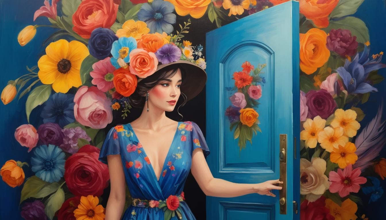 Woman in Flowered Hat Stepping Through Floral Door