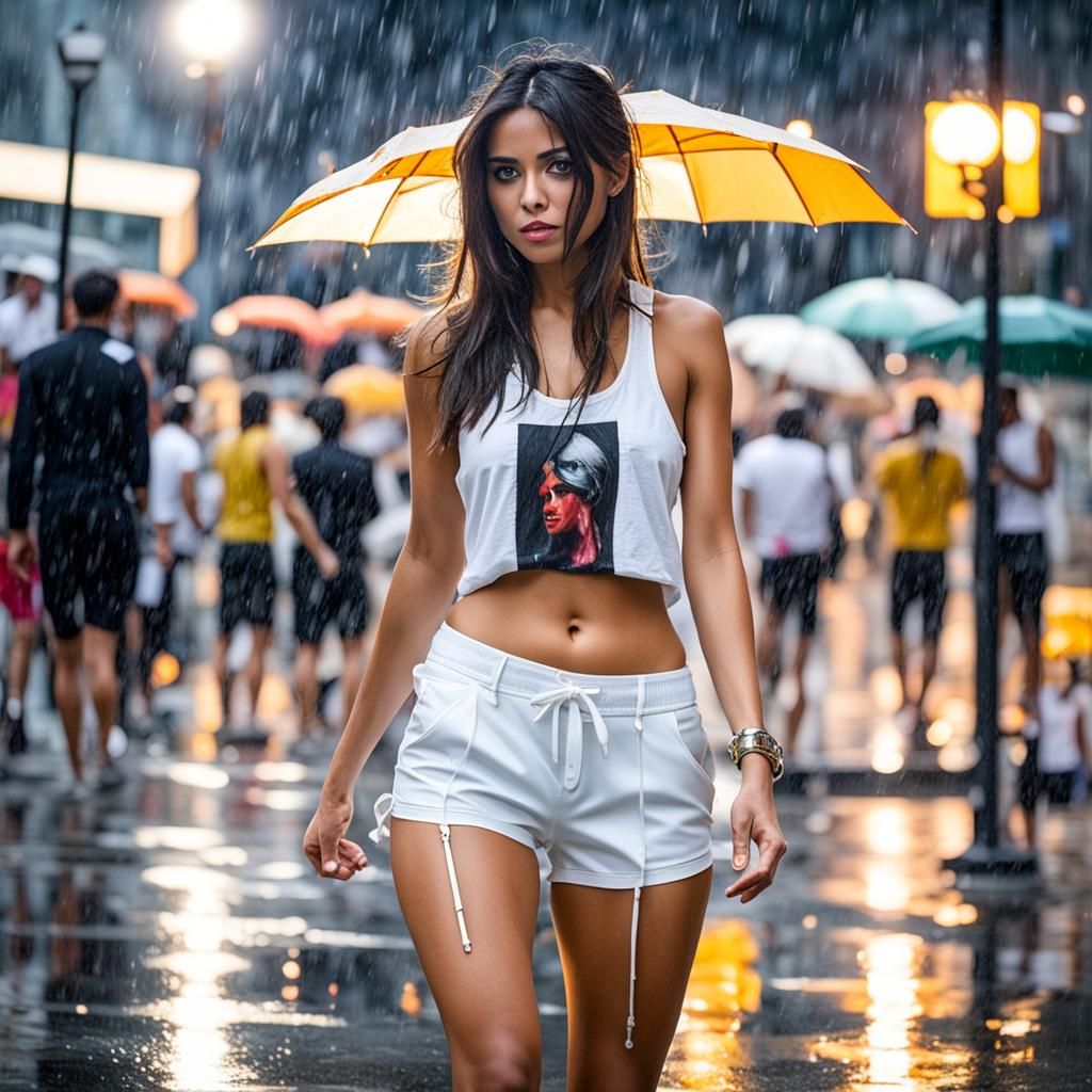 Woman in White Shorts Standing in the Rain