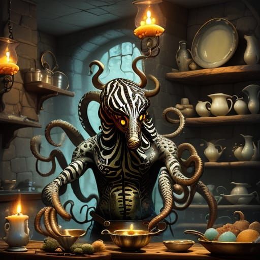 Whimsical Witch in Dreamlike Kitchen Scene