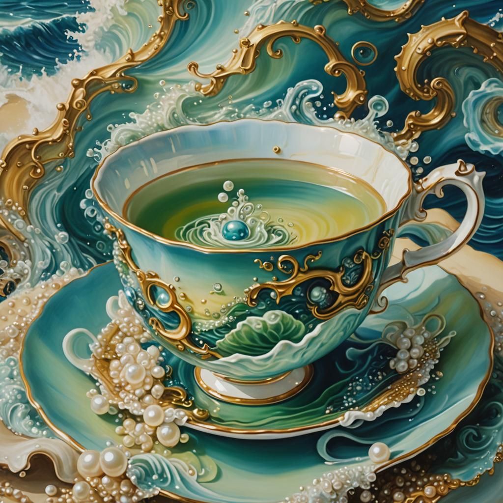Surreal Ocean Teacup: Dreamlike Oil Painting