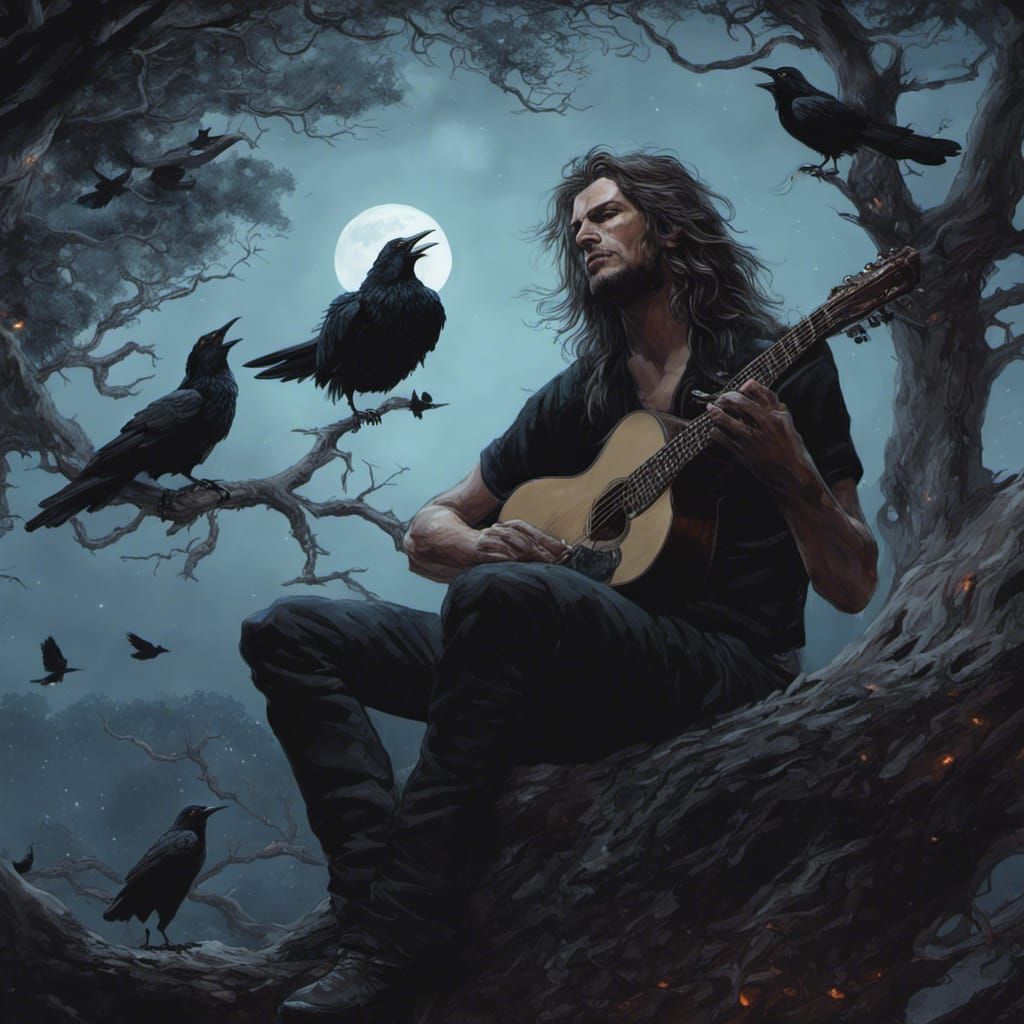 Moonlit Guitar Serenade: Dark Fantasy Digital Art