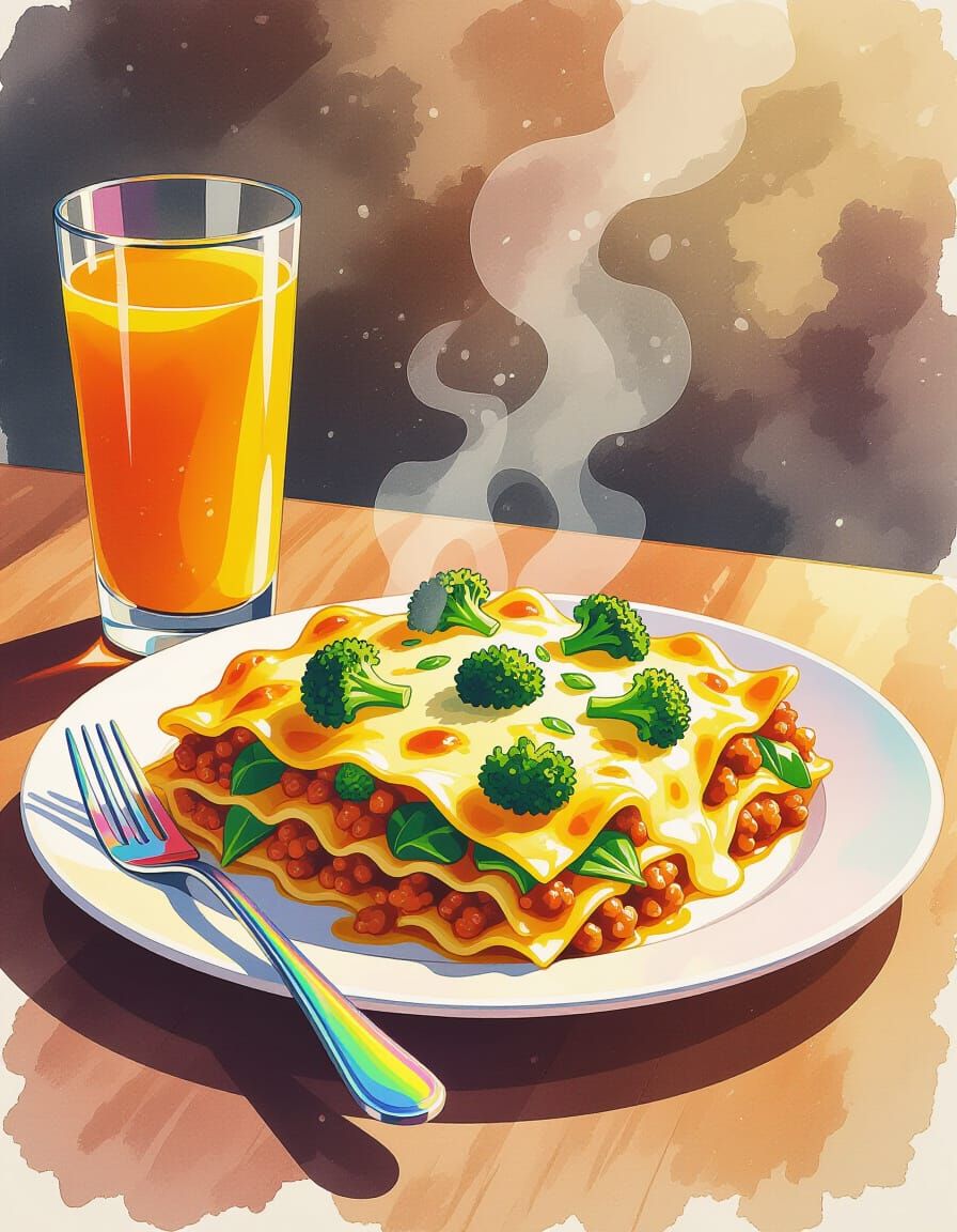 Steaming Lasagna with Orange Juice in Watercolor Style