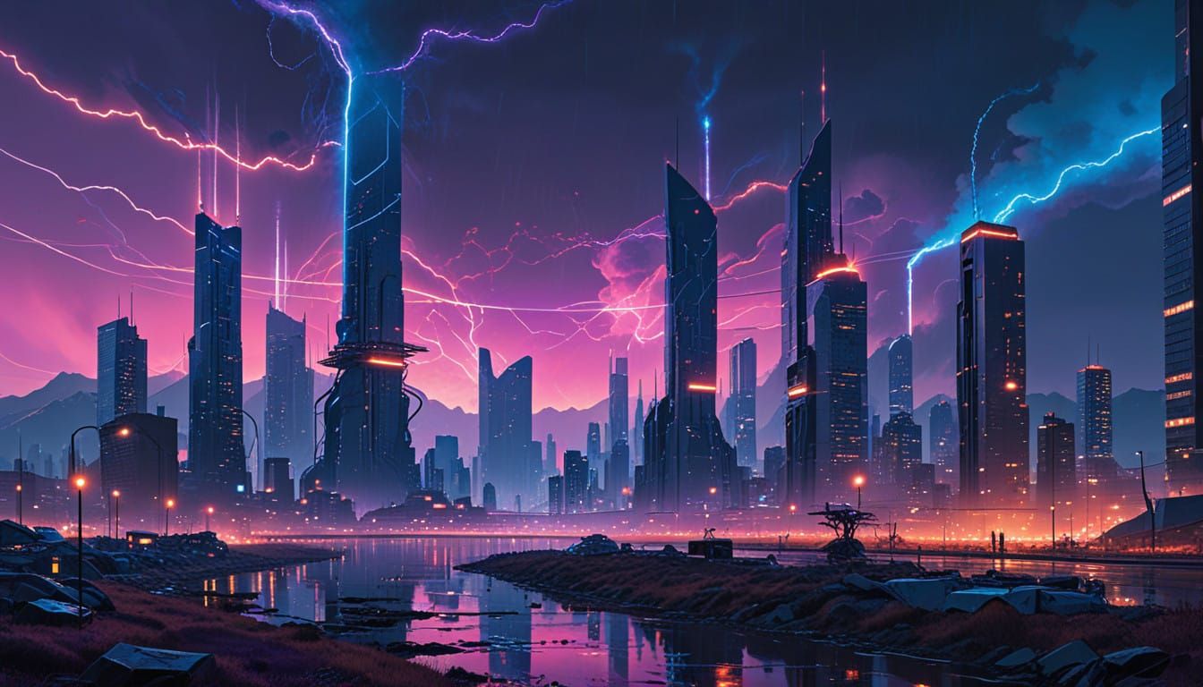 Cyberpunk Dusk Cityscape with Electrical Energy