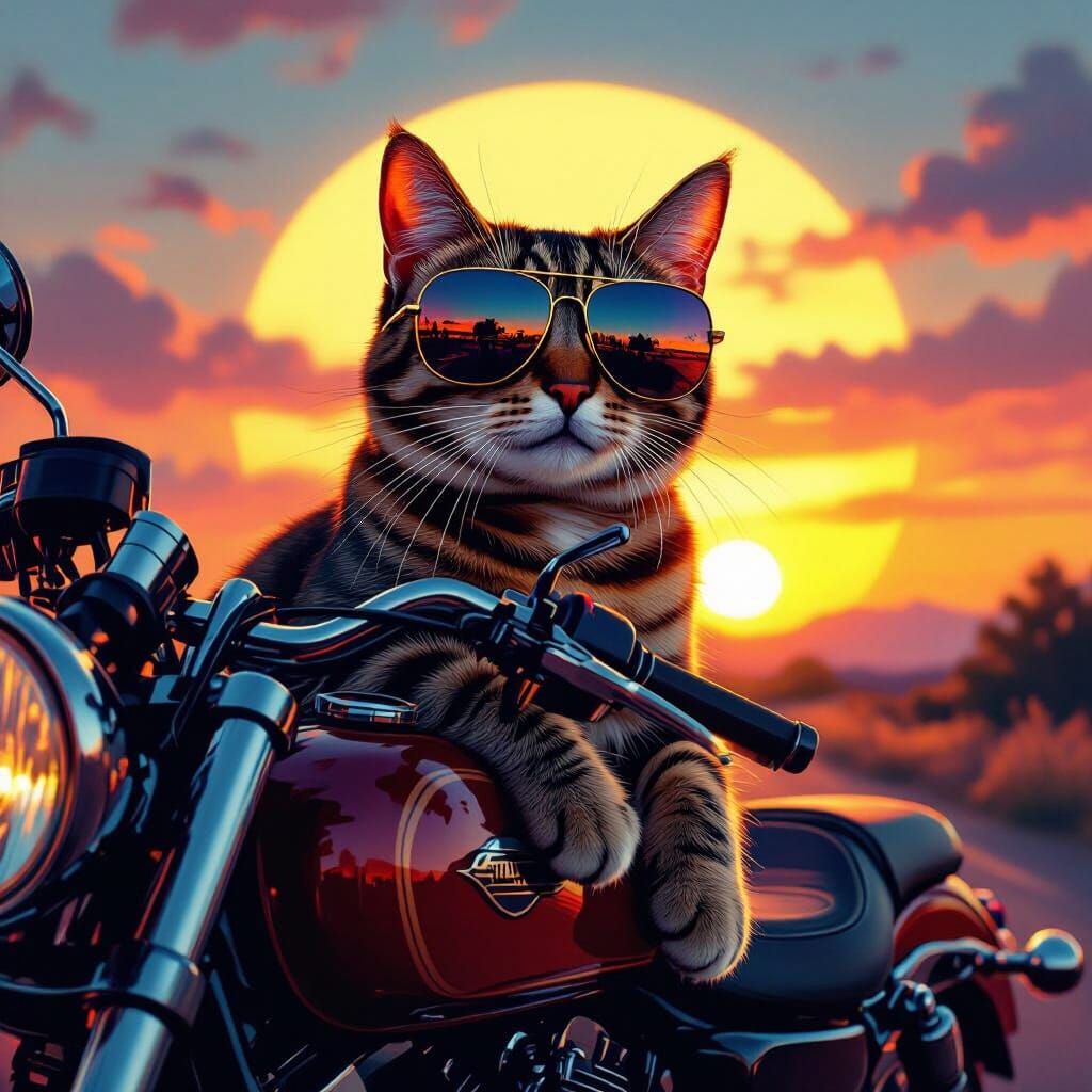 Tabby Cat on Motorcycle with Aviator Sunglasses