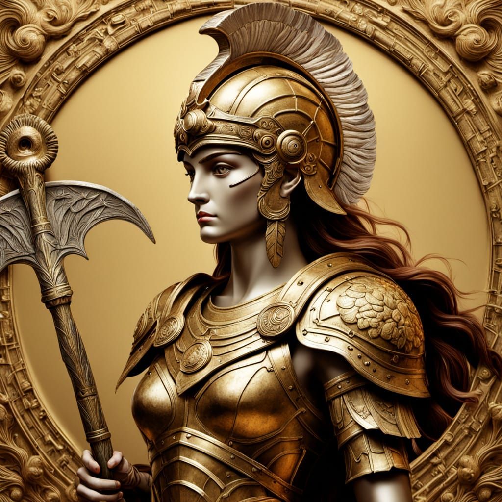 Classical Oil Painting of Athena with Golden Helmet and Gorg...