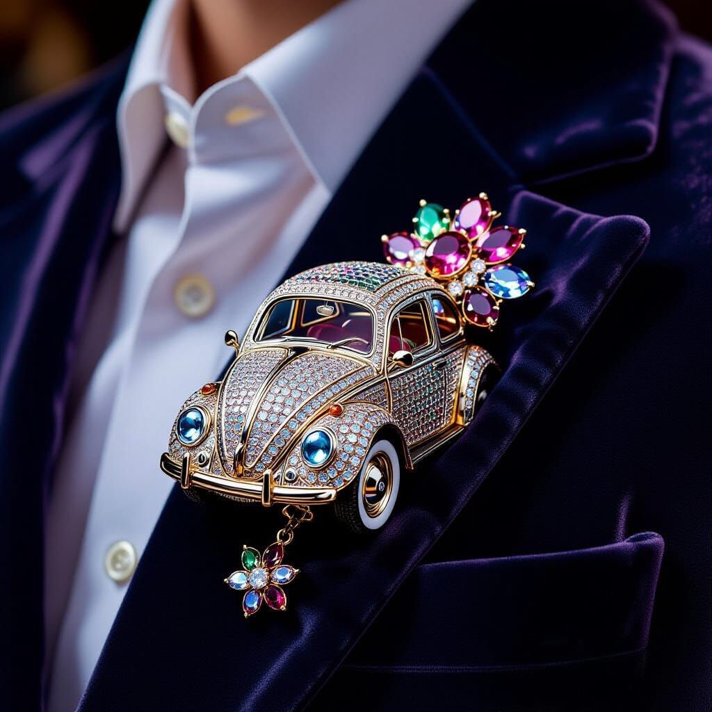 Gemstone VW Beetle Brooch on Velvet in Hyperrealism