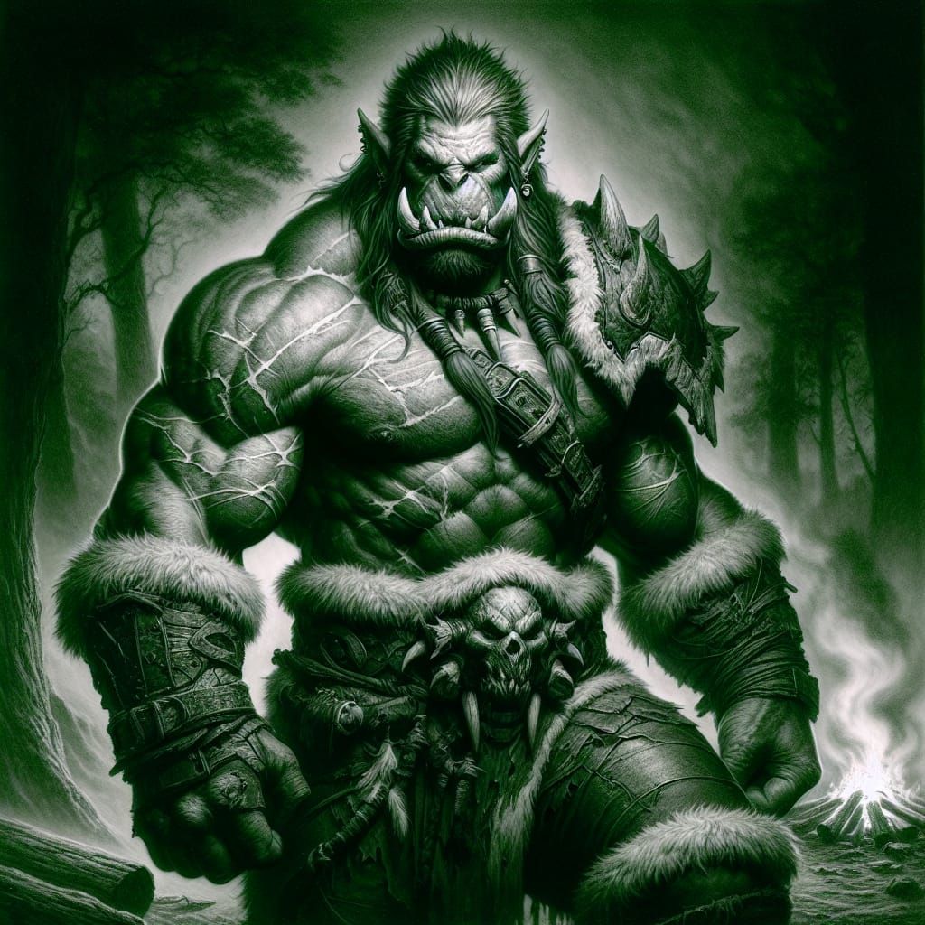 Monochrome Charcoal Drawing of a Fantasy Orc Warrior
