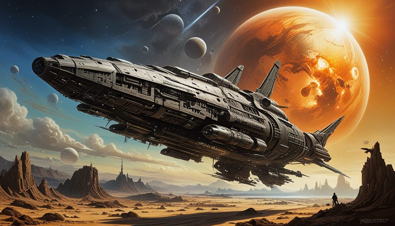 Abandoned War Spaceship Drifting in a Double Star System