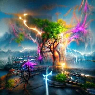 Psychedelic Tree of Life with Lightning, Neon Art