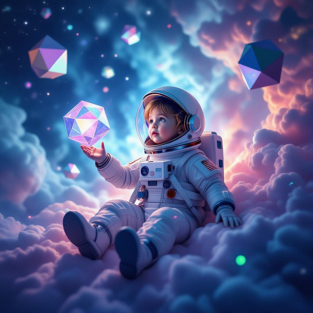 Girl Astronaut Reaching for Cosmic Shapes in Nebula