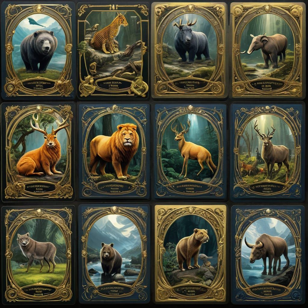 Golden Trading Cards Featuring Majestic Creatures in Enchant...