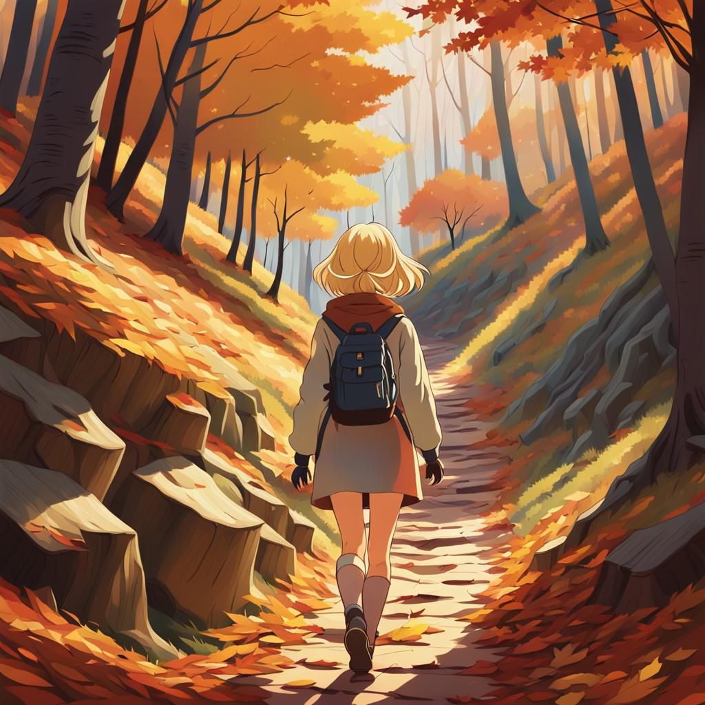 Anime Girl Hiking Through Autumn Woods