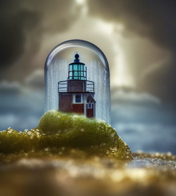 Stormy Lighthouse Diorama in Dewdrop, Macro Photography