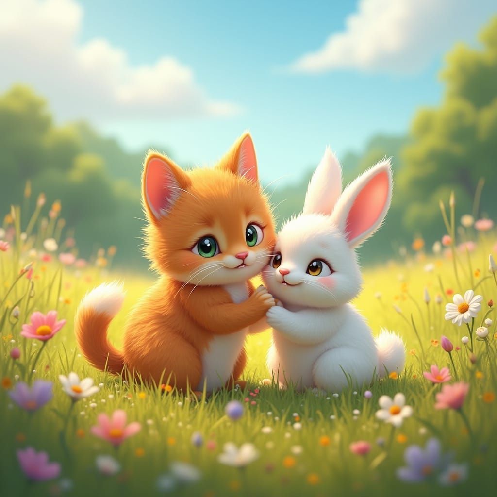 Whimsical Ginger Cat and White Rabbit in a Sunlit Meadow