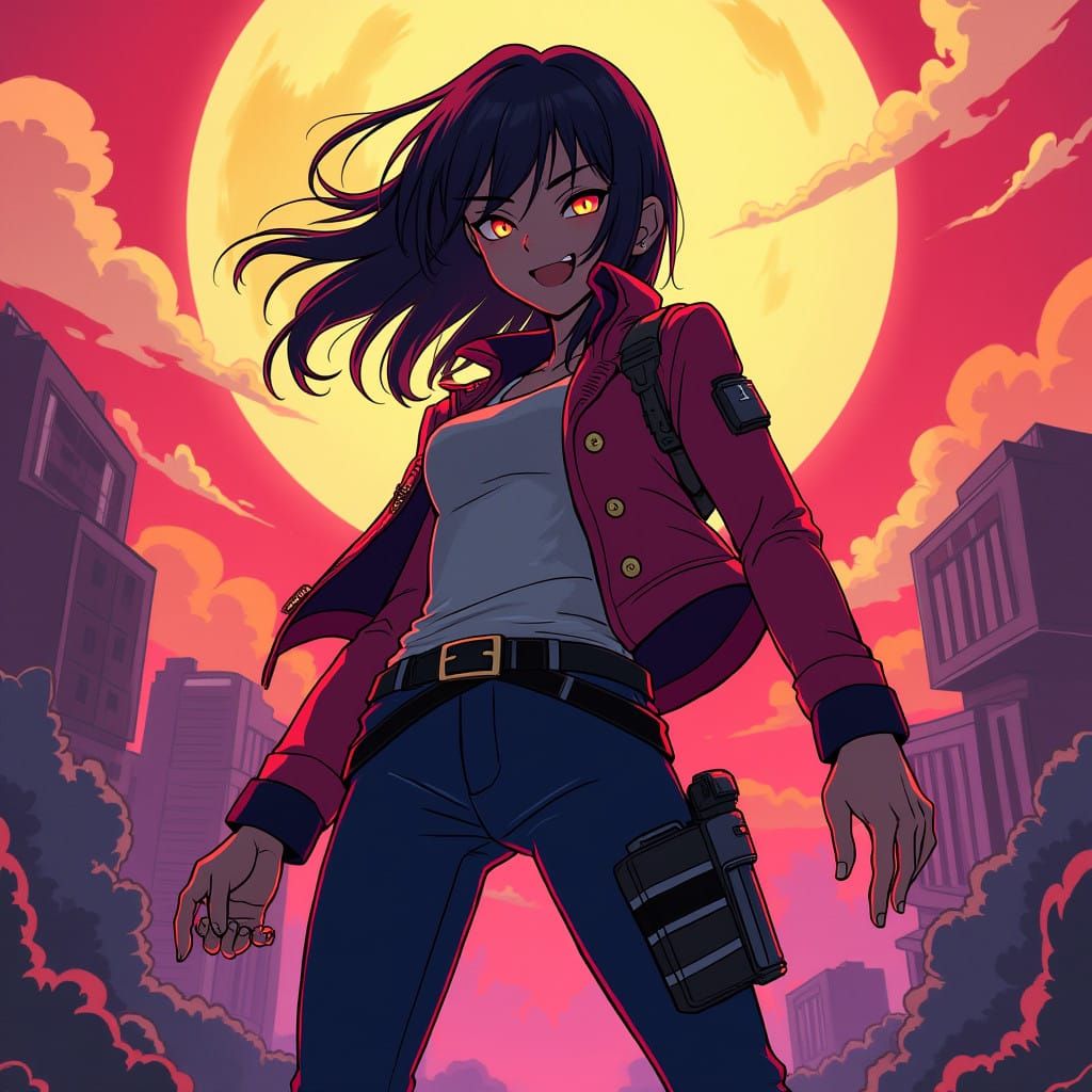 Heroic Anime Girl in Vibrant Studio Trigger-Inspired Backgro...