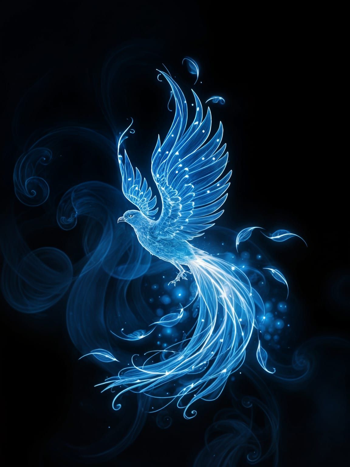 Glowing Blue Phoenix Bird in Abstract Light