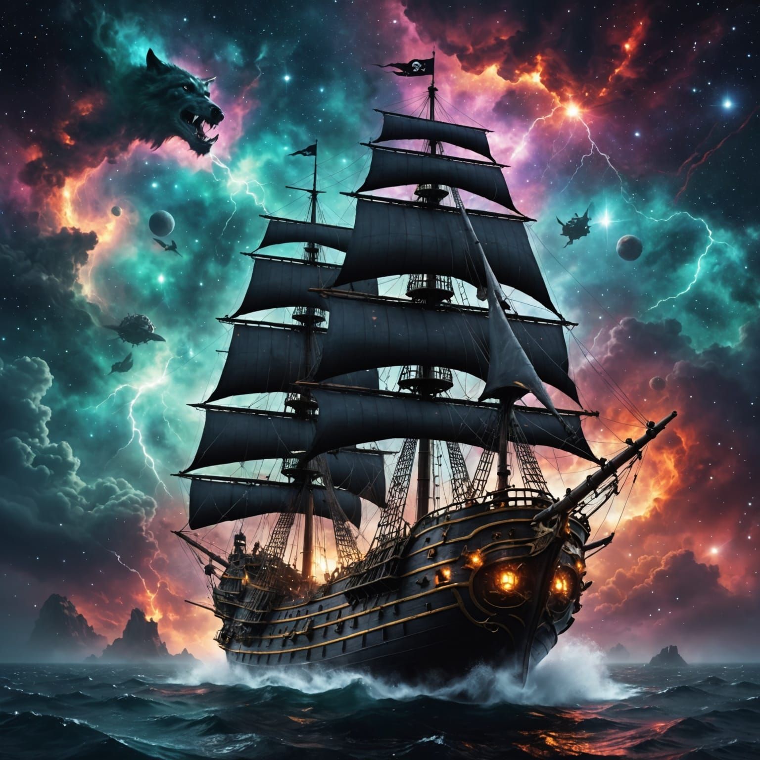 Space Pirate Ship Sails Through Vibrant Nebula Storm
