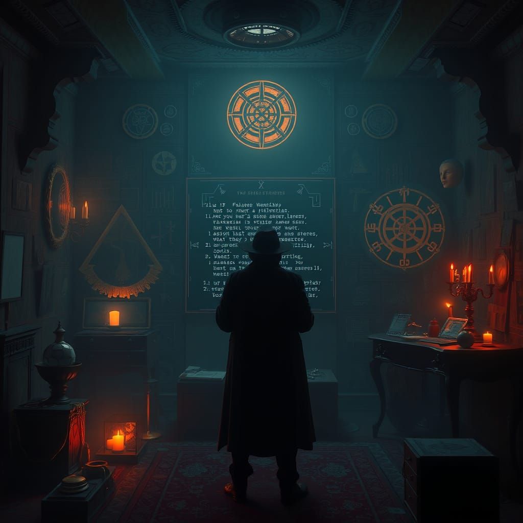 Cryptic Figure Deciphers Message in Cyberpunk Style