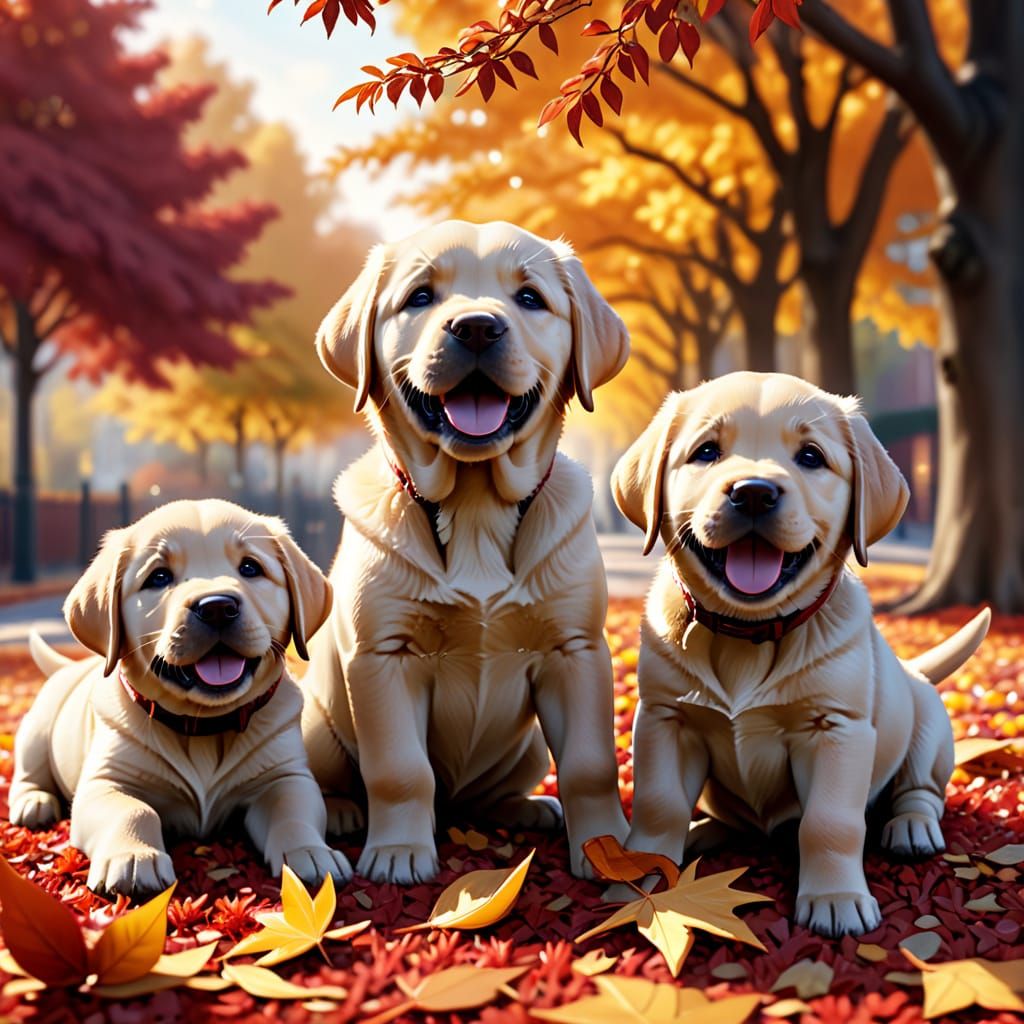 Adorable Puppies and Toddler Play in Autumn Leaves