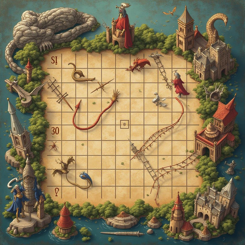 Medieval Fantasy Game Board with Knights and Dragons