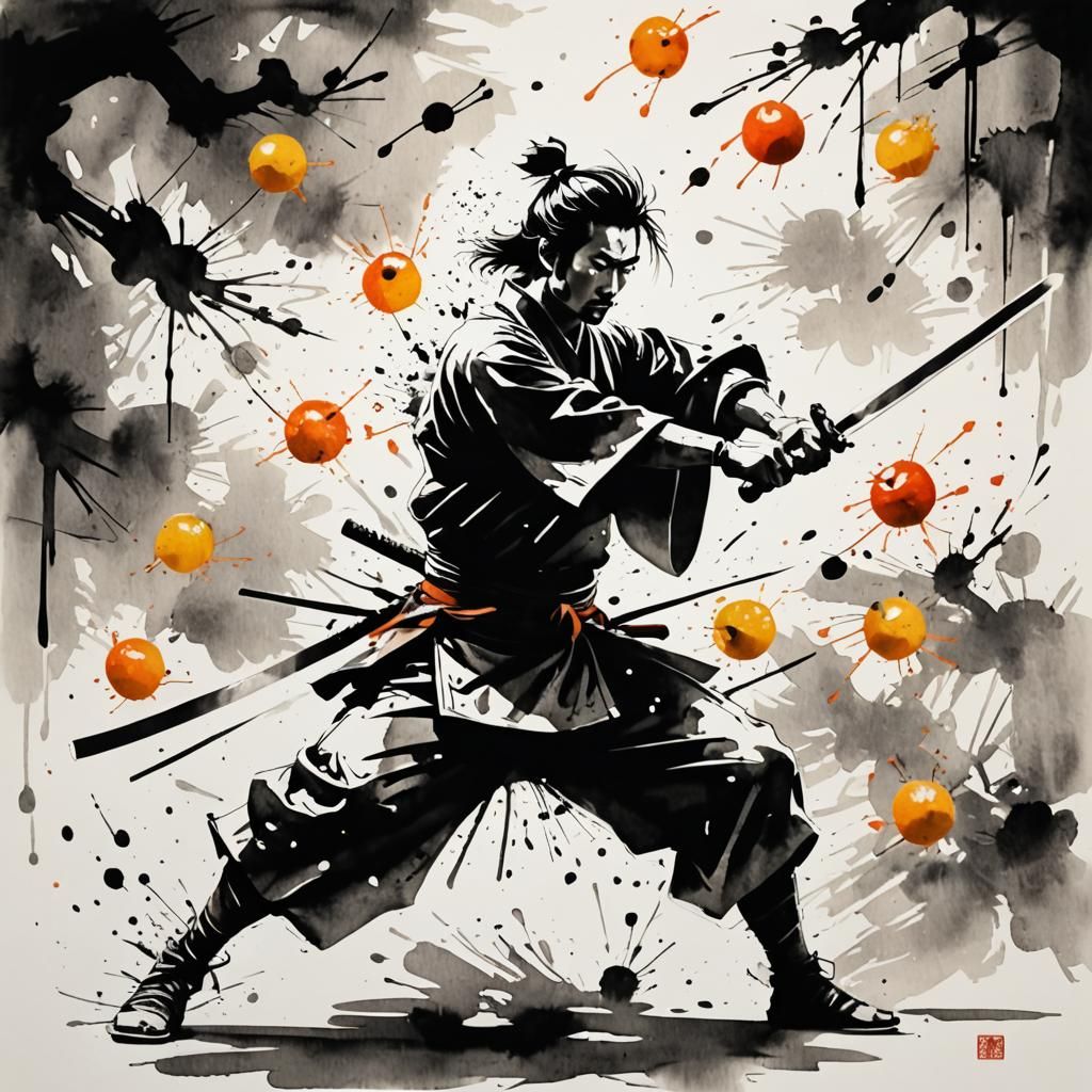 Samurai Sword Dance in Sumi-e Style