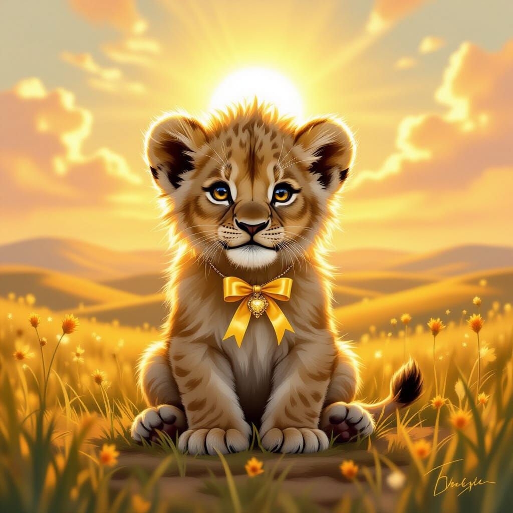 Fluffy Lion Cub With Ribbon Necklace At Sunset