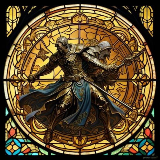 Cleric Battles Monster with Flail in Art Nouveau Style