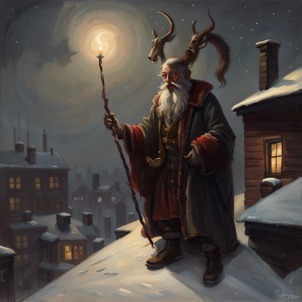 saint nicholas and krampus on a rooftop in the dark snowy winter during the 1890's industrial revolution.
