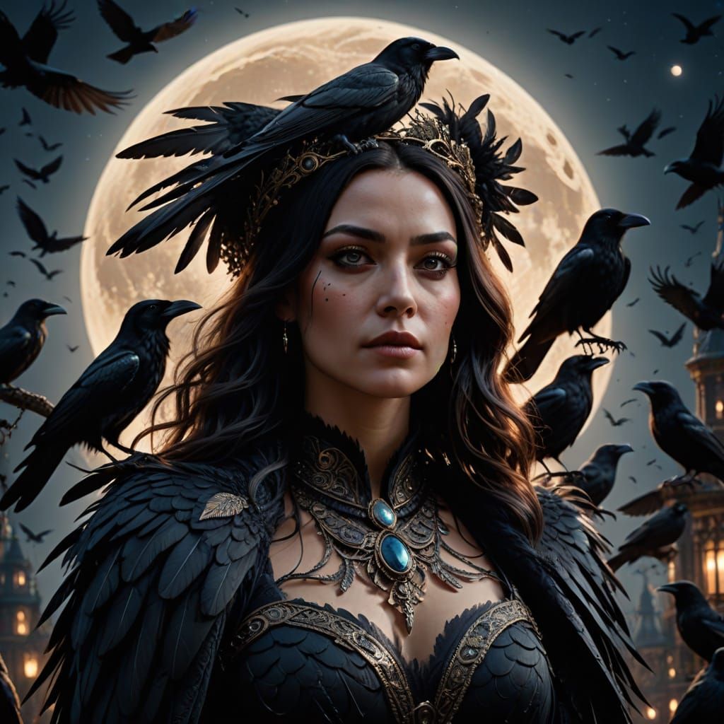 Raven Queen in Moonlit Fantasy: Hyper-Realistic Film Still