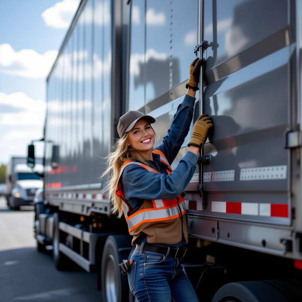 Female Trucker Hanging Off Her Rig