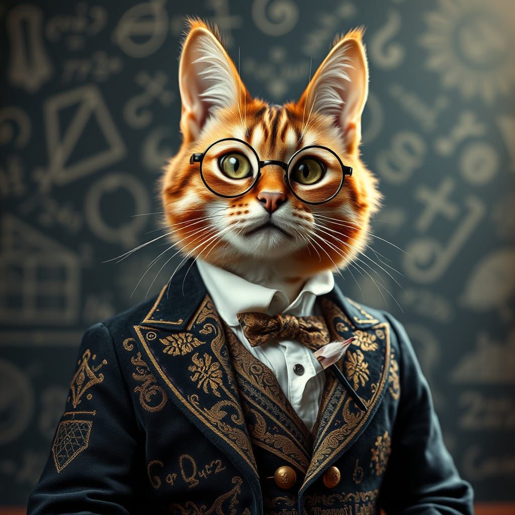 Whimsical Feline Scholar in Opulent Art Nouveau Style