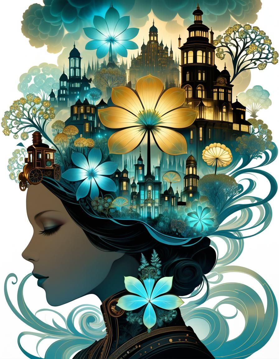 Bioluminescent Fractal Flowers in Steampunk Style
