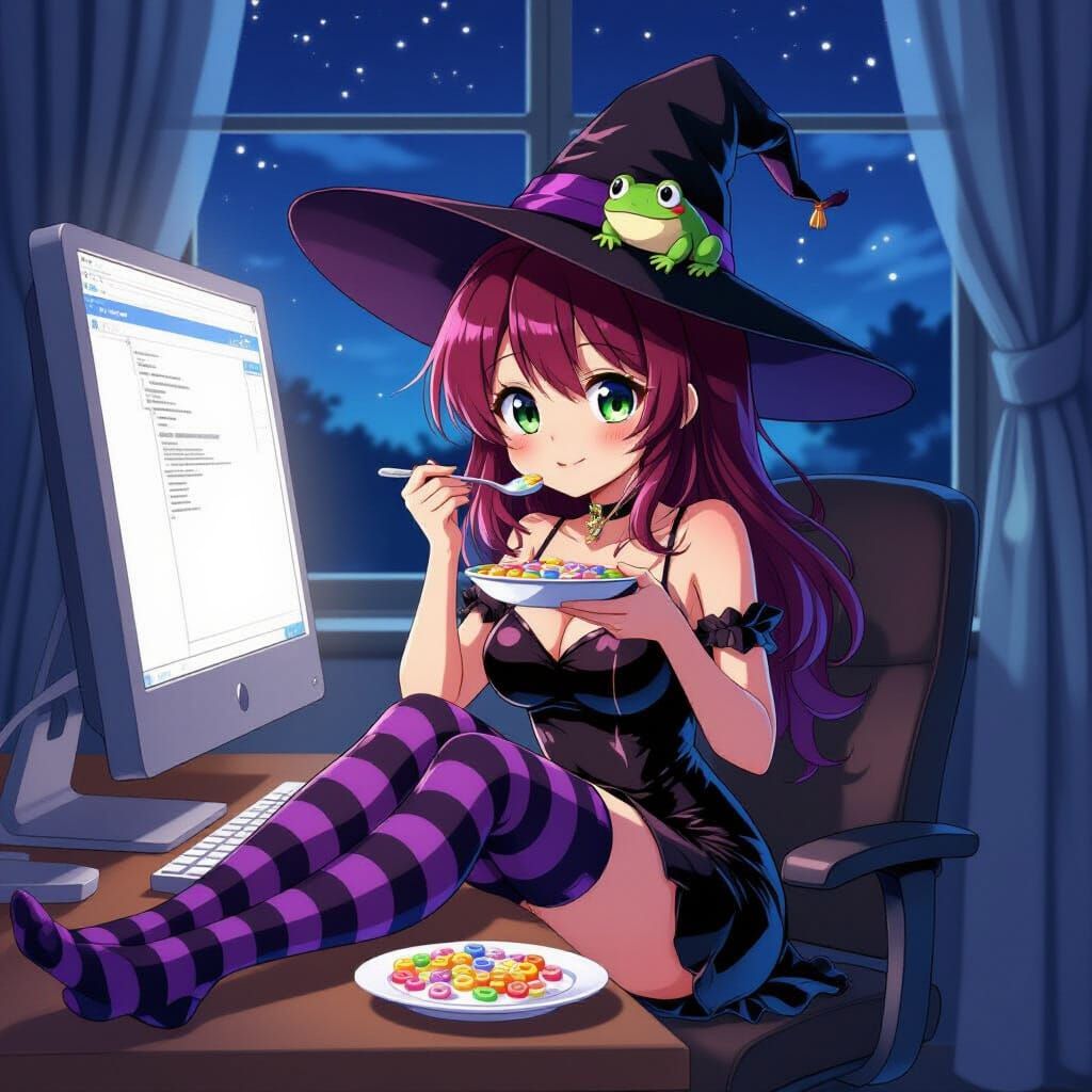 Anime Woman with Frog Hat at Computer, Studio Trigger Style