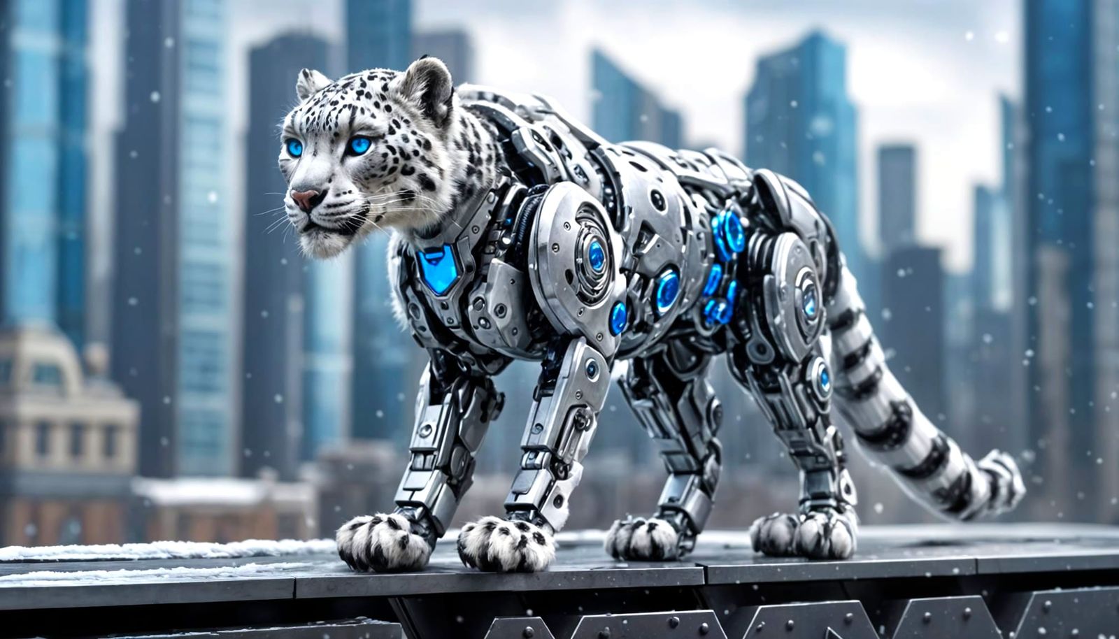 Photorealistic Snow Leopard Cyborg on Skyscraper